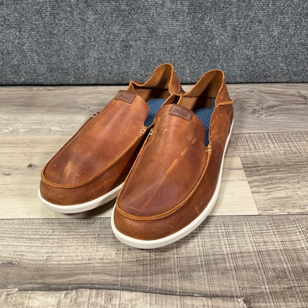 OluKai Nalukai Slip-On Shoes Mens 13 Leather Loafers Fox Bone Brown Preppy Frat